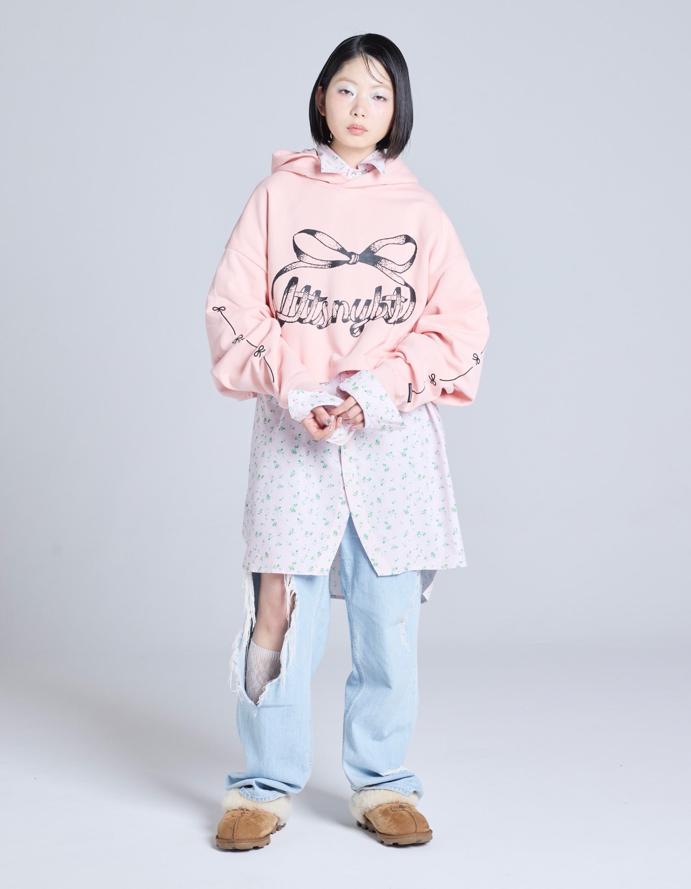 short ribbon sweat hoodie / PINK