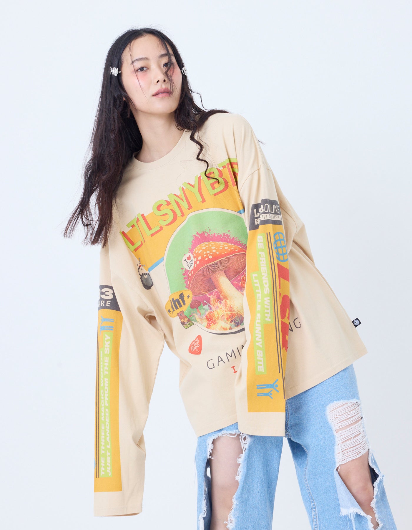 mushroom graphic long tee / BEIGE