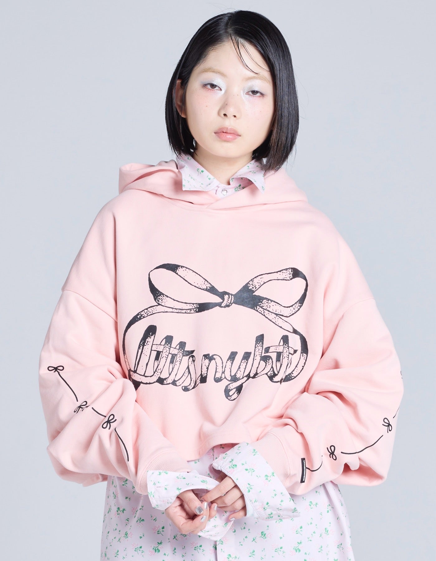 short ribbon sweat hoodie / PINK