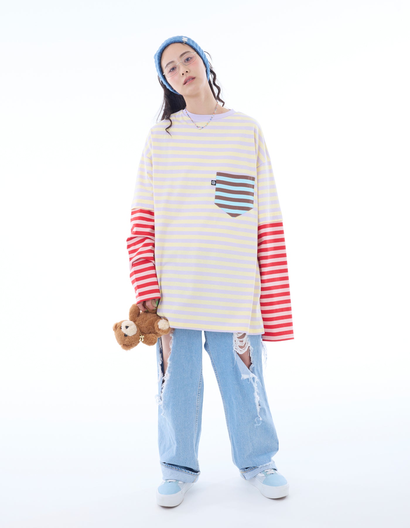 crazy stripe fake layered long tee / YELLOWxPURPLE