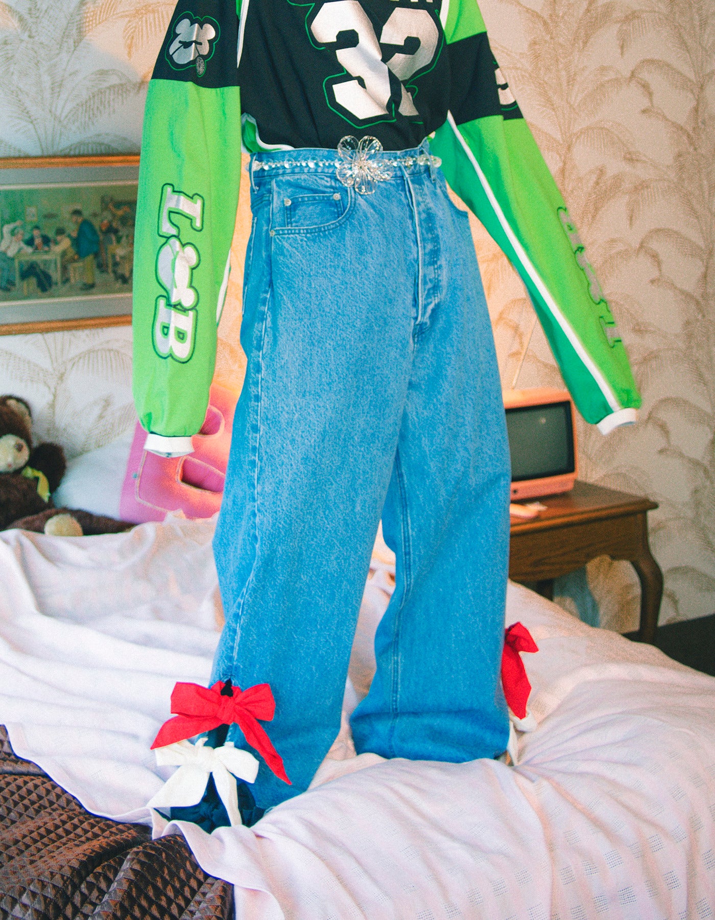 denim ribbon pants / BLUE