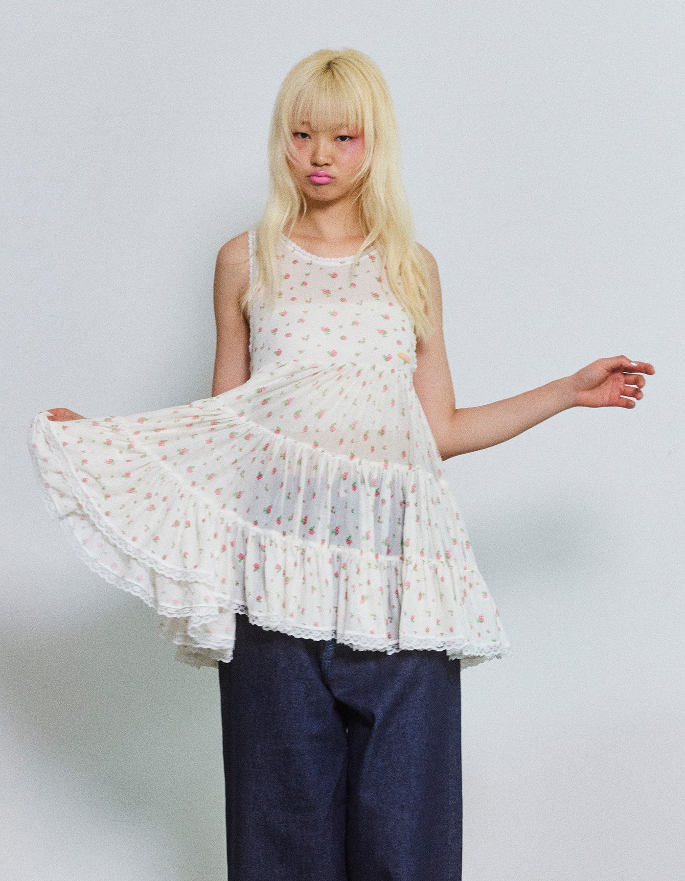 original floral tulle dress / WHITE
