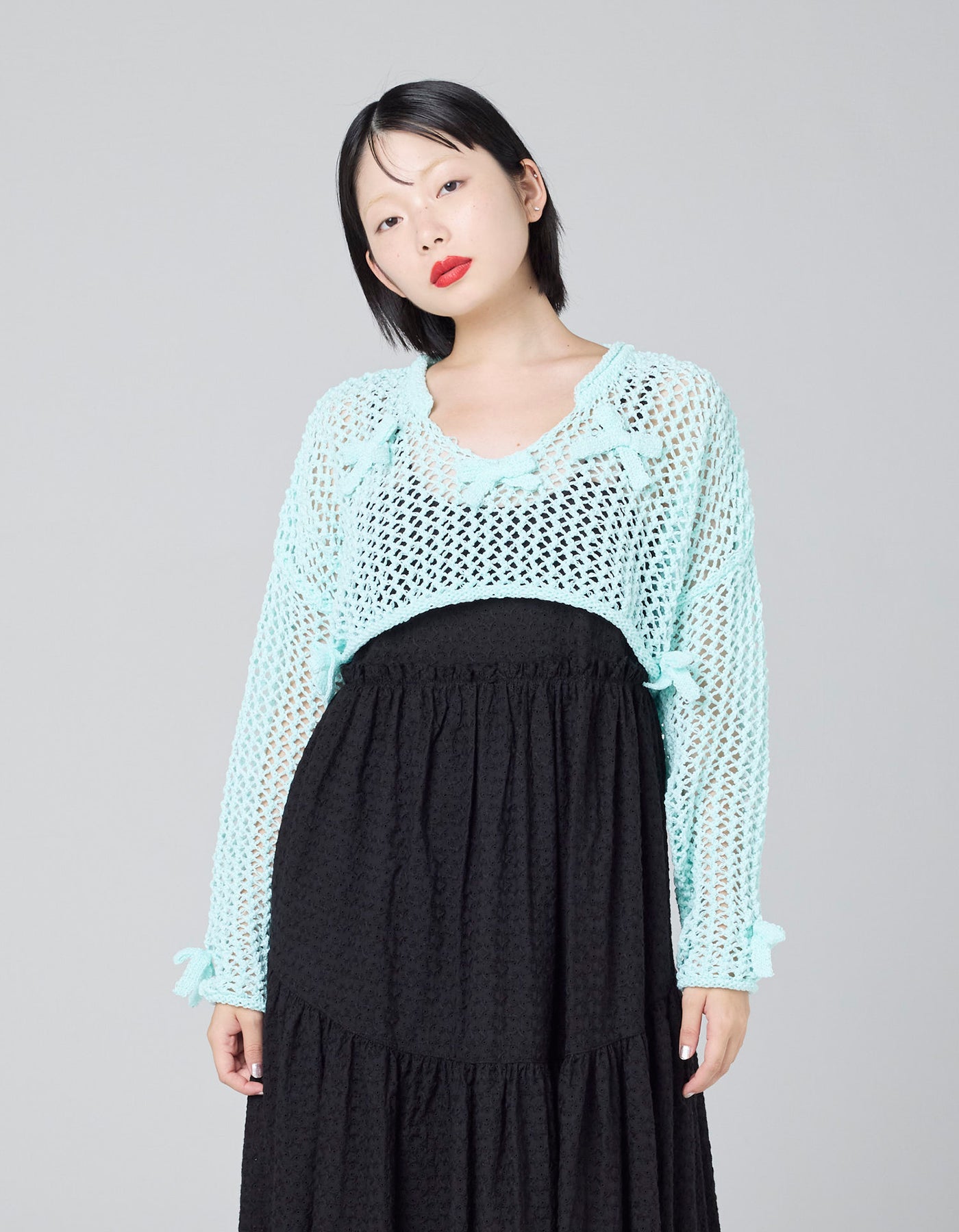 little sunny bite (リトルサニーバイト)Ribbon Short Knit Top / BLUE