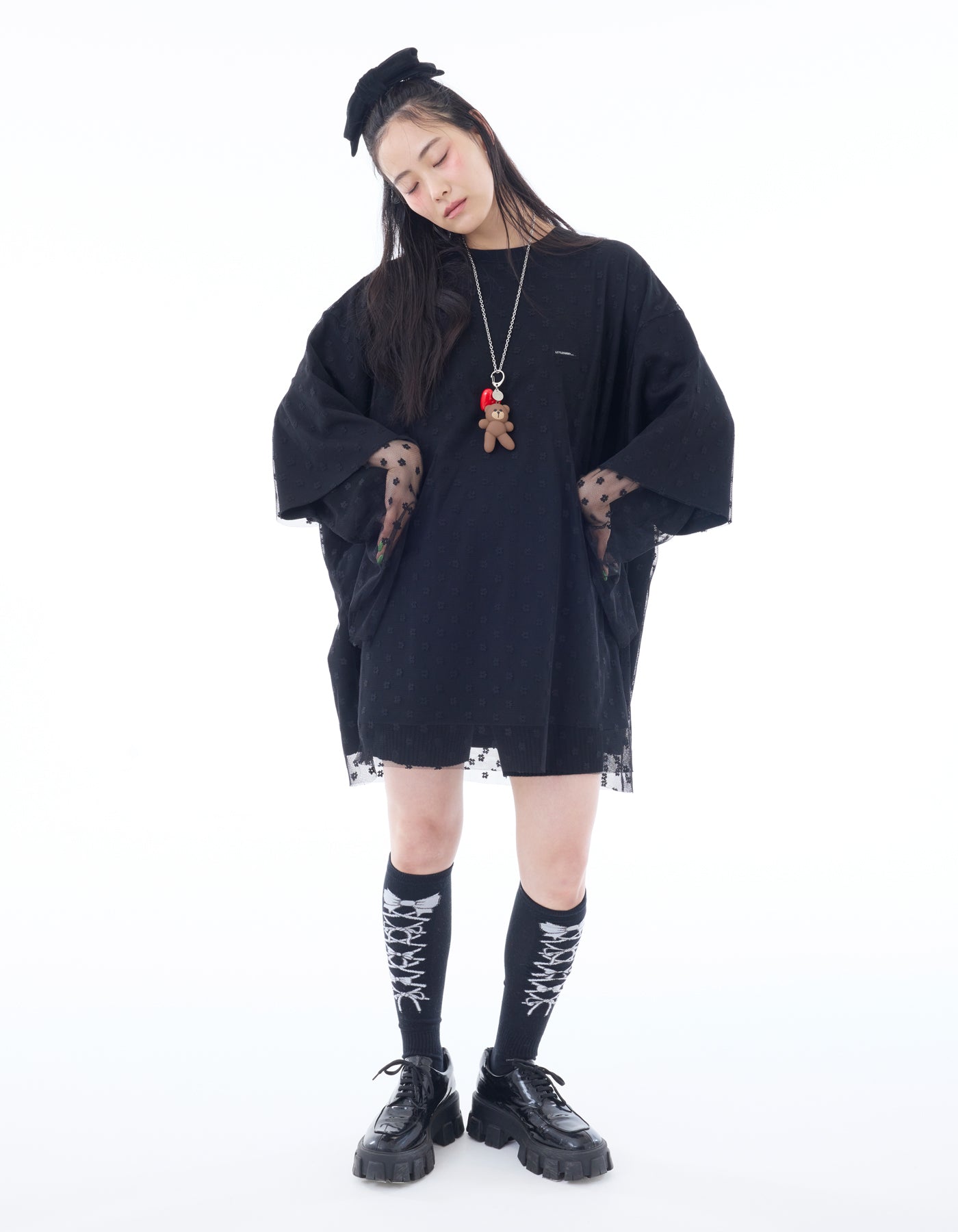 fake layered tulle long tee / BLACK