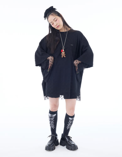 fake layered tulle long tee / BLACK