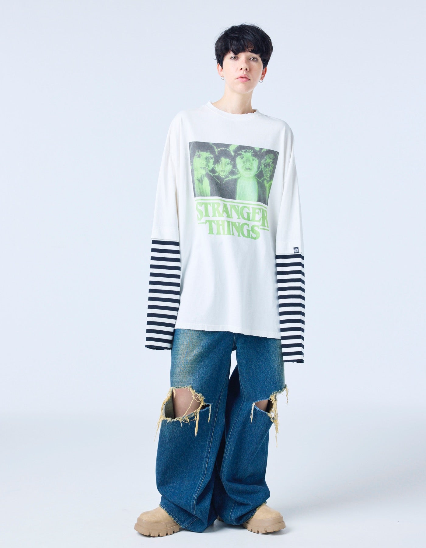 【PRE-ORDER】stranger things x little sunny bite graphic fake layered long tee / WHITE