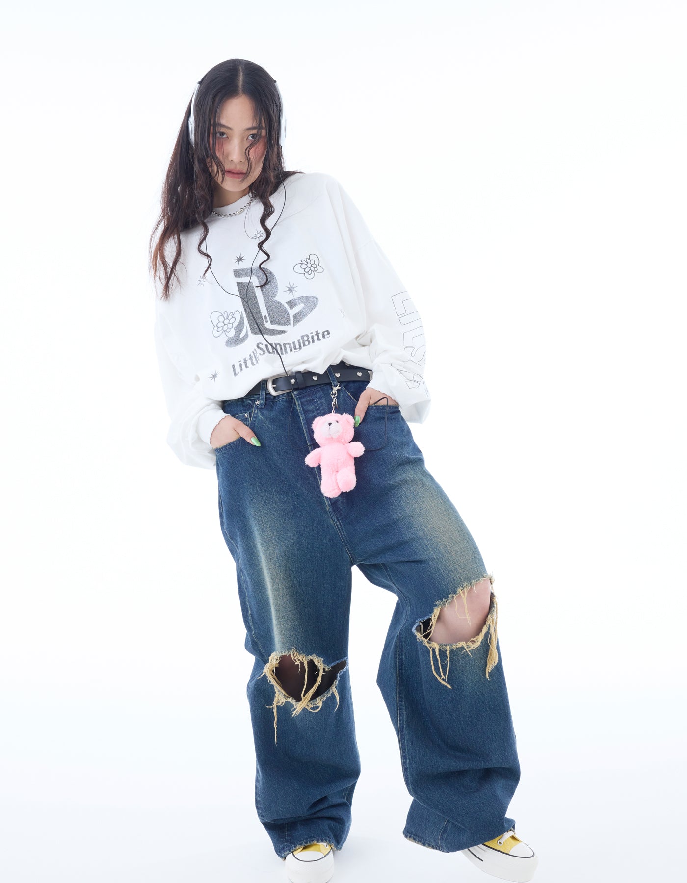 glitter print long tee / WHITE