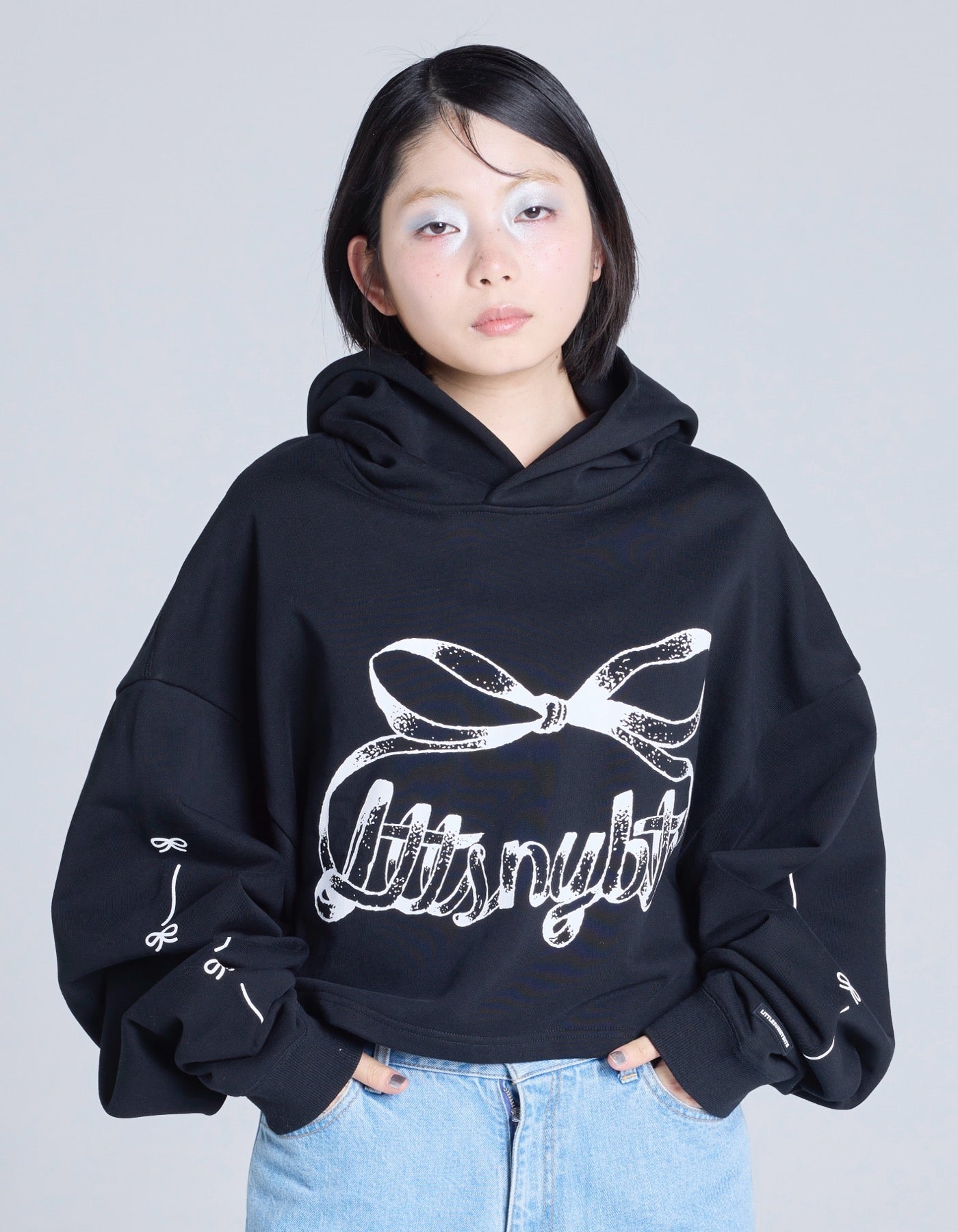 short ribbon sweat hoodie / BLACK