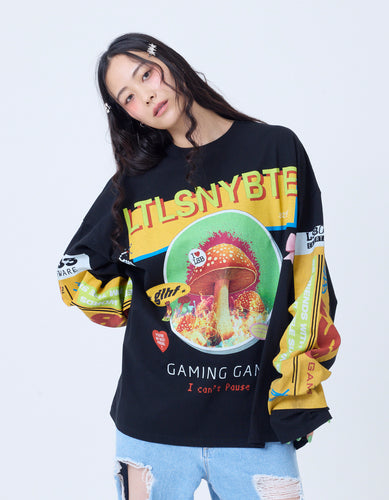 mushroom graphic long tee / BLACK