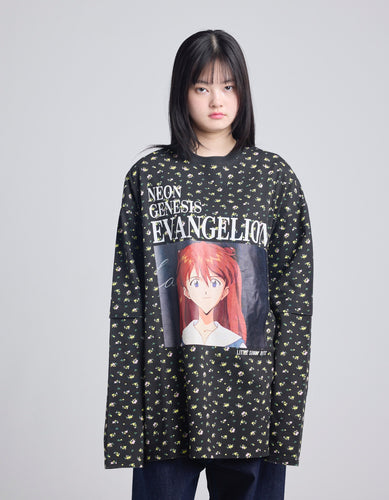 evangelion x little sunny bite floral fake layered long tee / BLACK