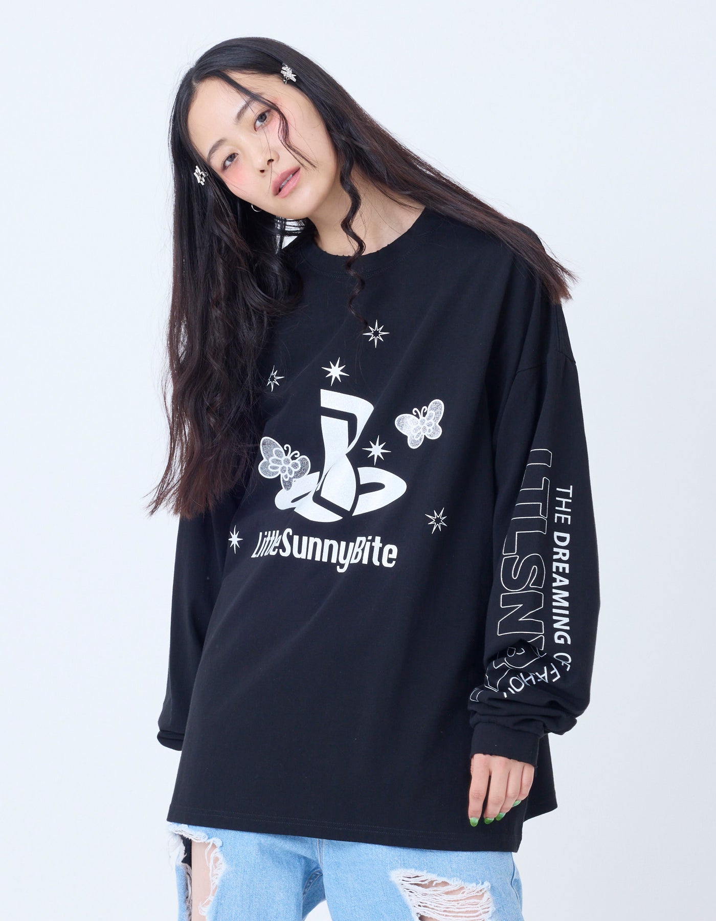 glitter print long tee / BLACK