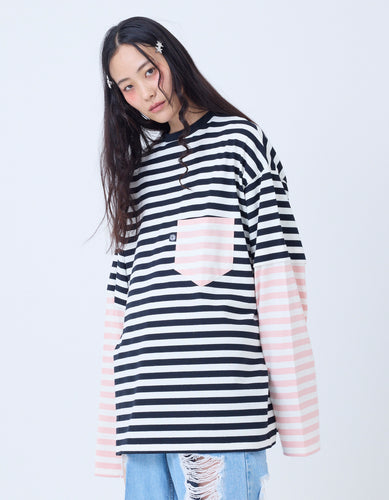 crazy stripe fake layered long tee / BLACKxWHITE