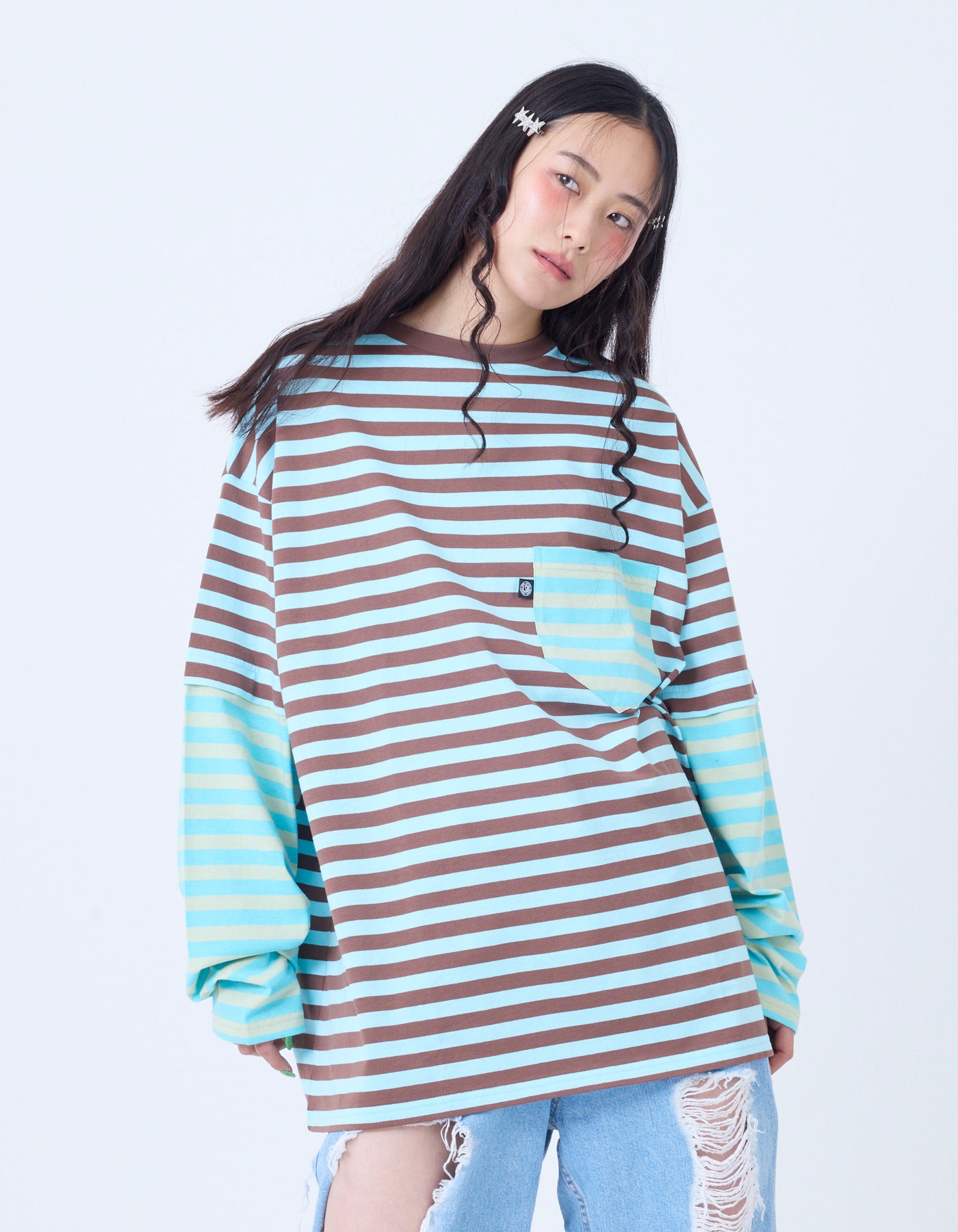 crazy stripe fake layered long tee / BROWNxBLUE