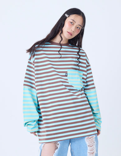 crazy stripe fake layered long tee / BROWNxBLUE