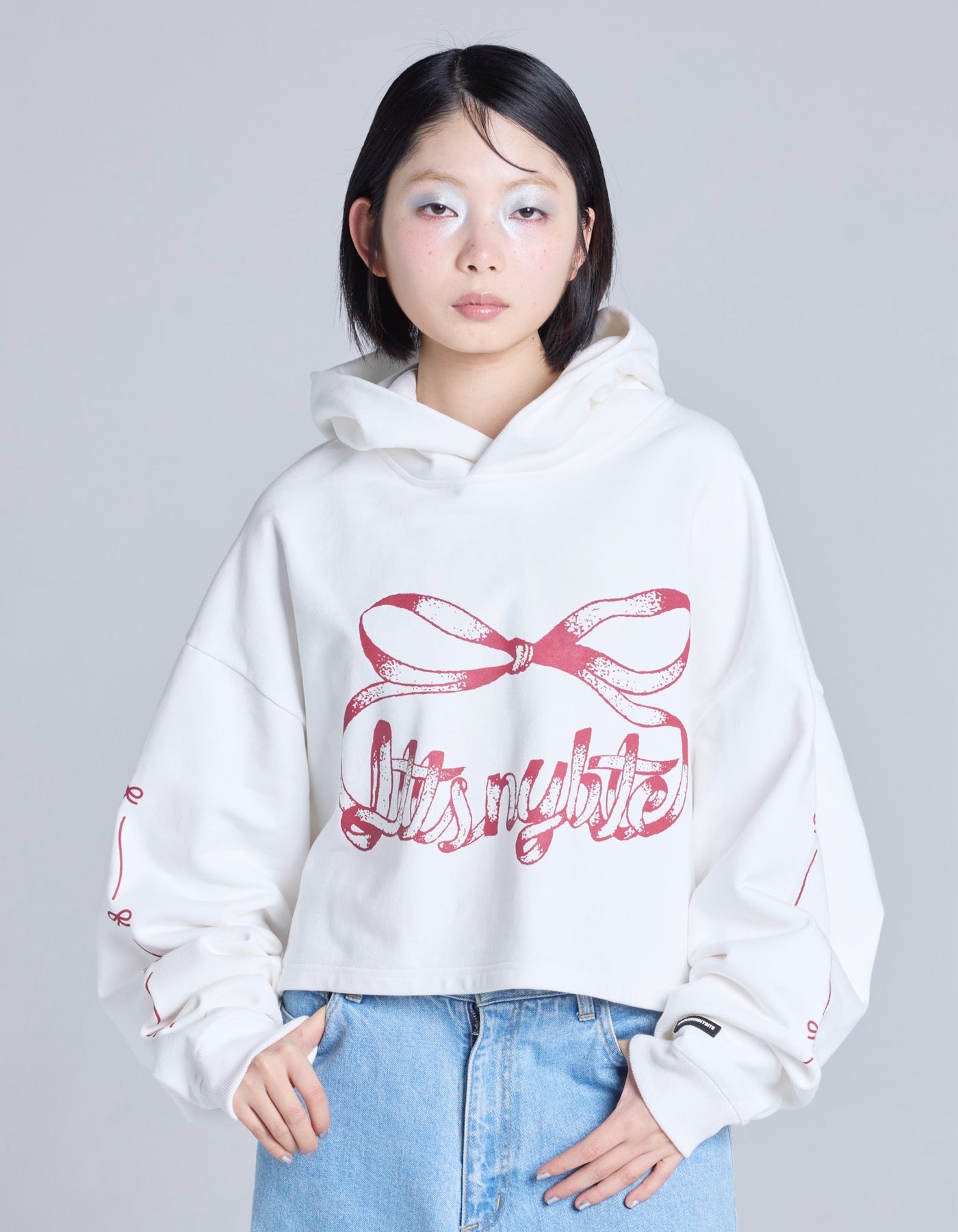 short ribbon sweat hoodie / WHITE