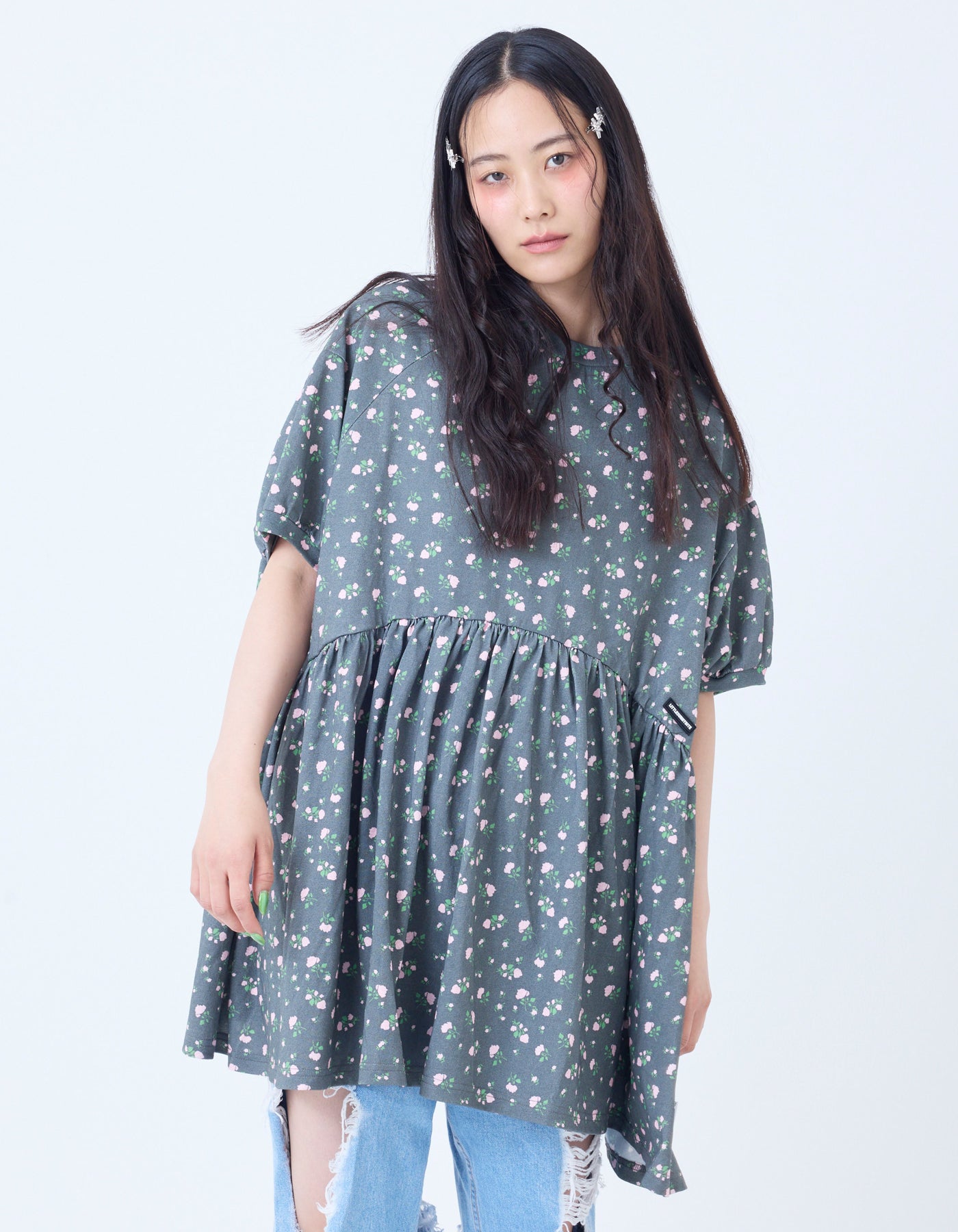 floral bomber mini dress tee / BLACK