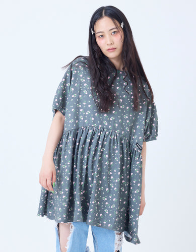 floral bomber mini dress tee / BLACK