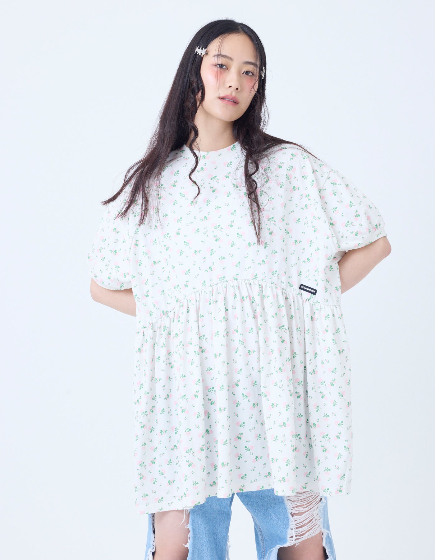 floral bomber mini dress tee / WHITE