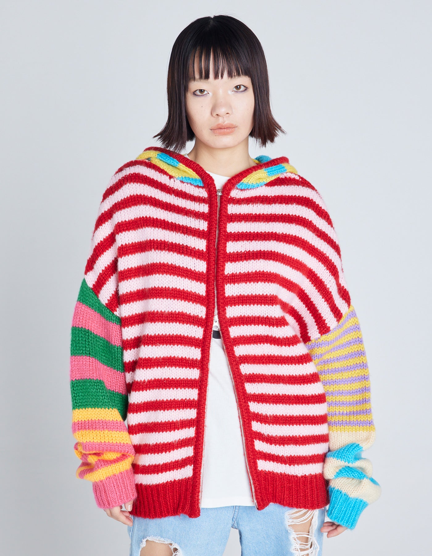 stripe knit hoodie / PINK