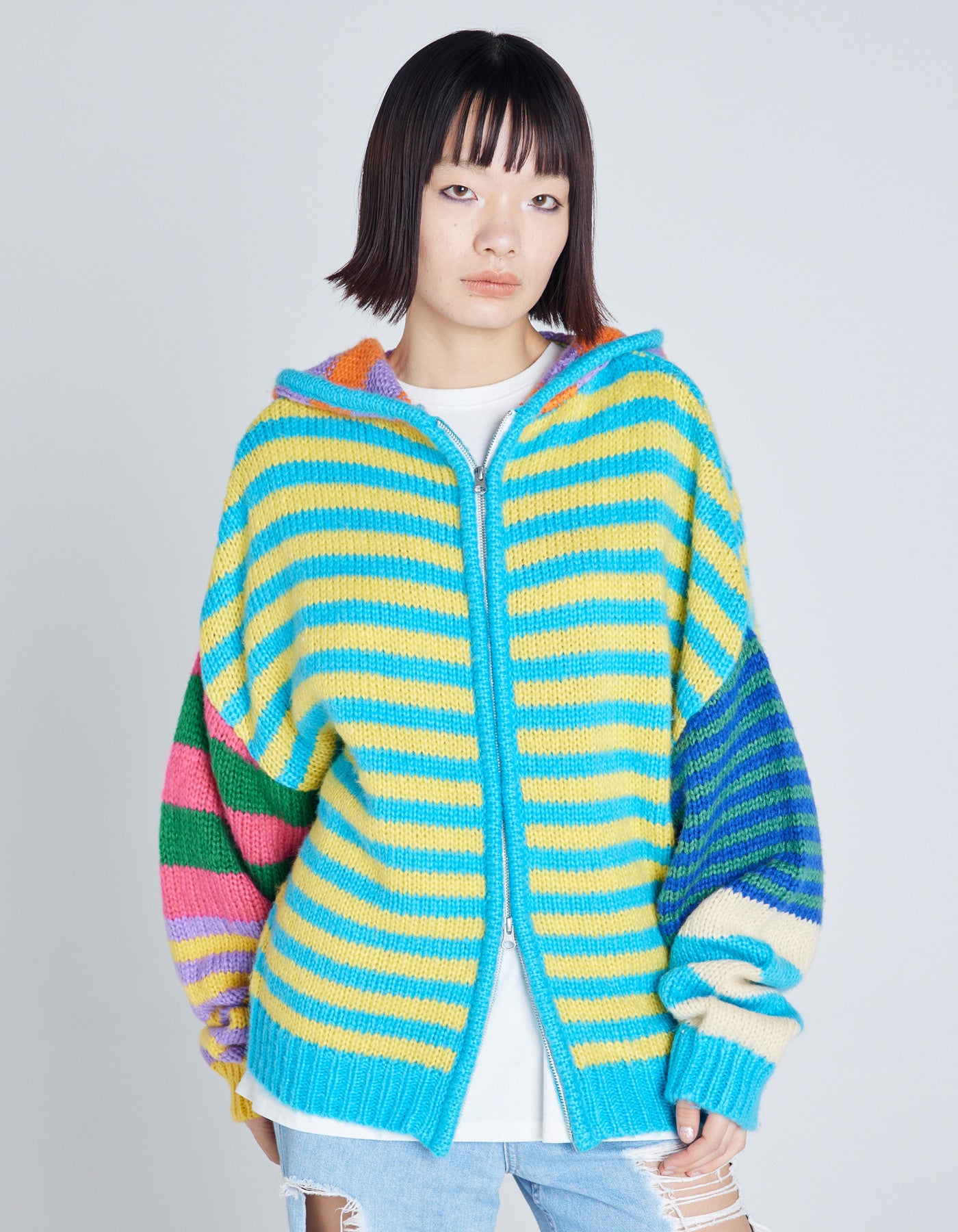 stripe knit hoodie / BLUE