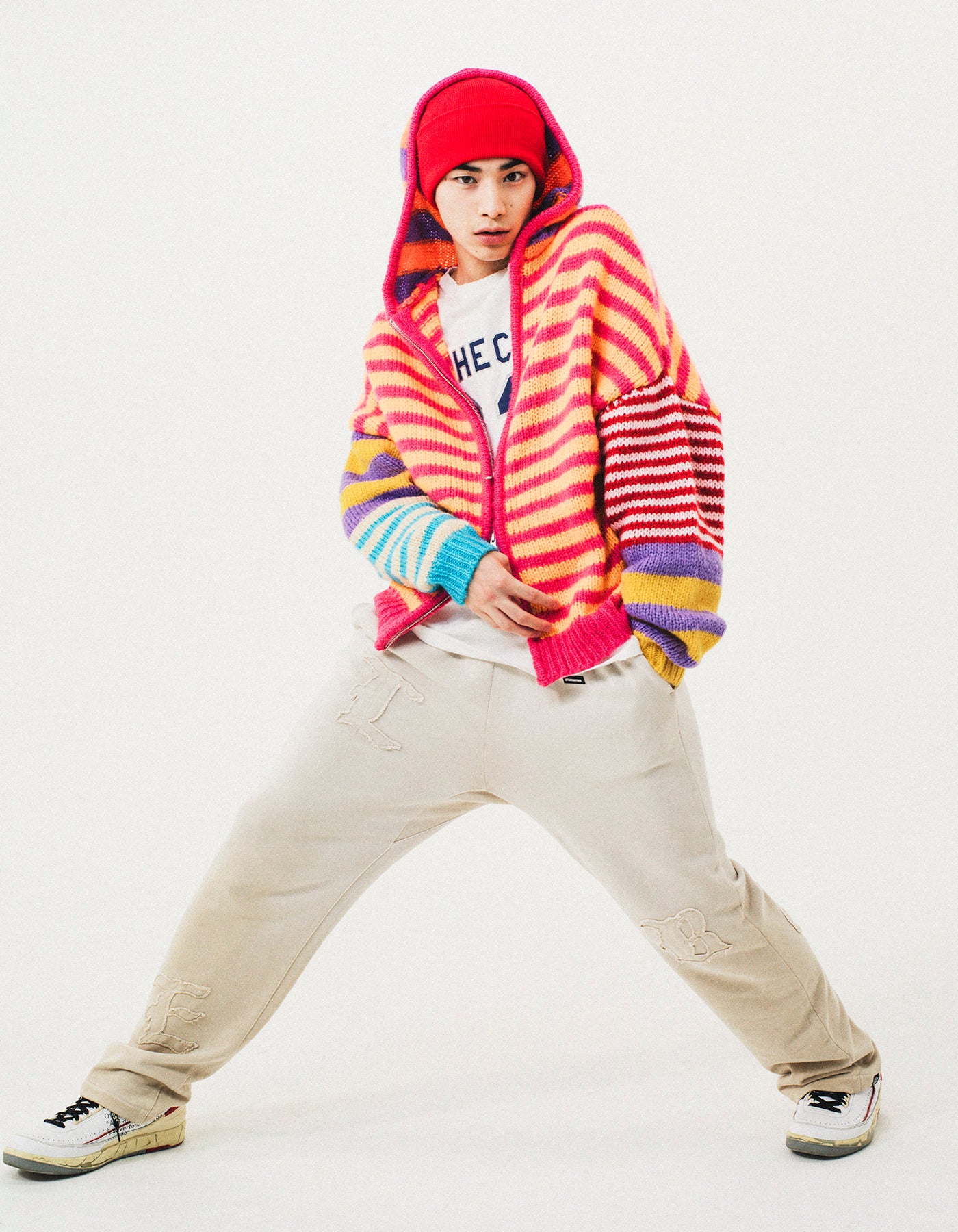 stripe knit hoodie / ORANGE