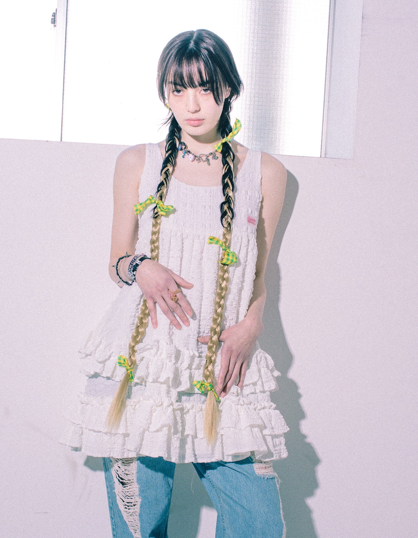little sunny bite (リトルサニーバイト)checker frill dress / WHITE