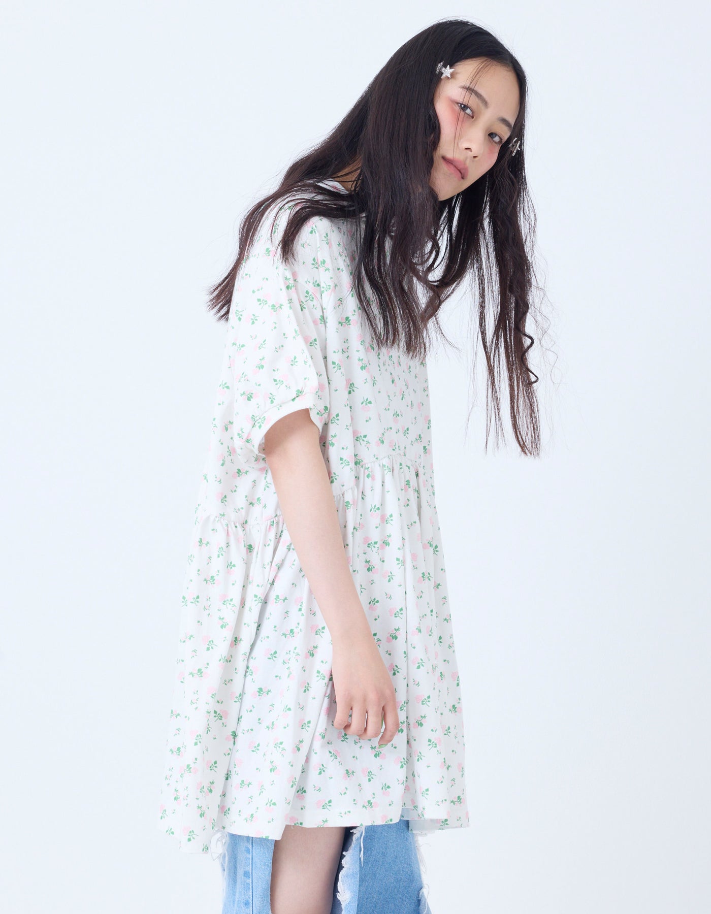 floral bomber mini dress tee / WHITE