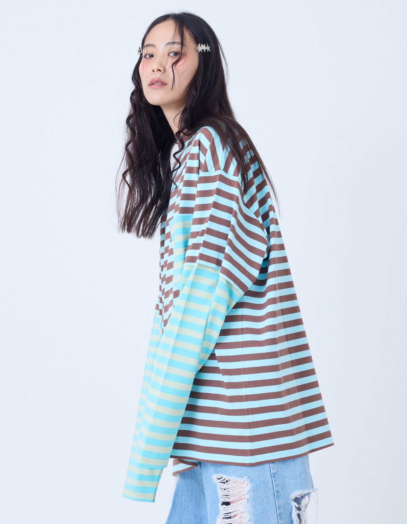 crazy stripe fake layered long tee / BROWNxBLUE
