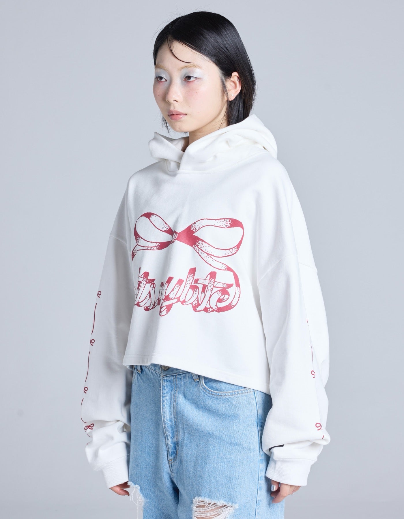 short ribbon sweat hoodie / WHITE