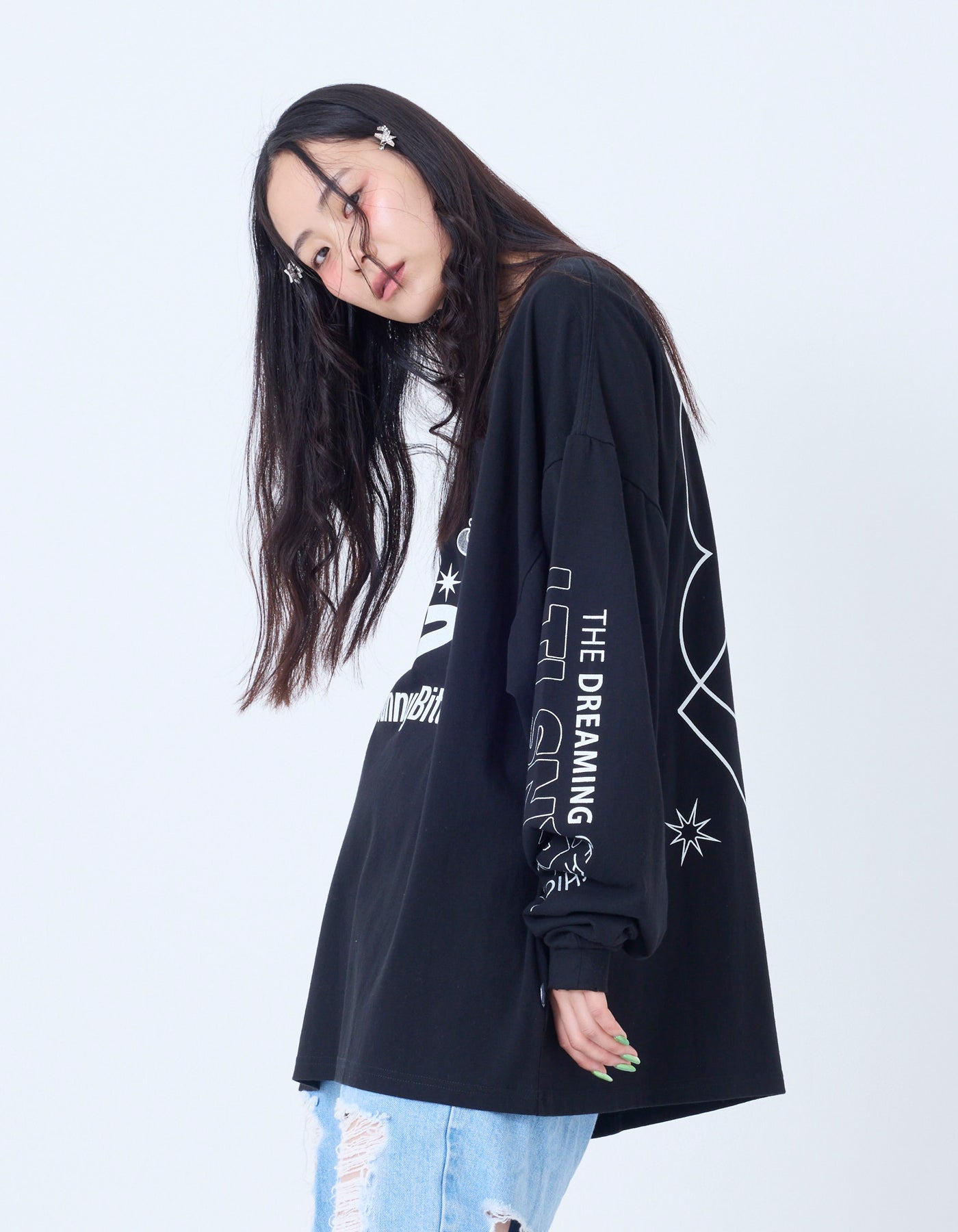 glitter print long tee / BLACK
