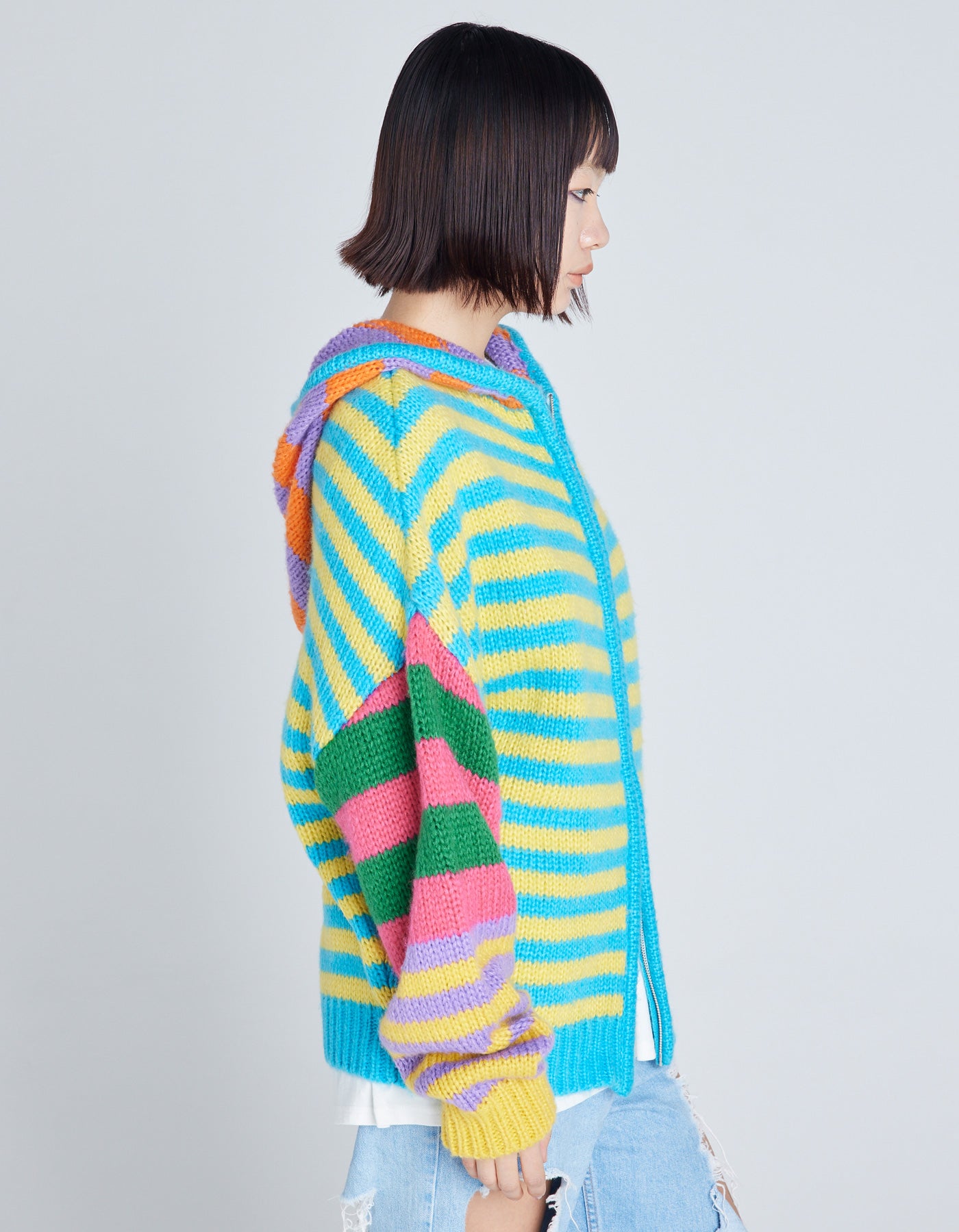 stripe knit hoodie / BLUE