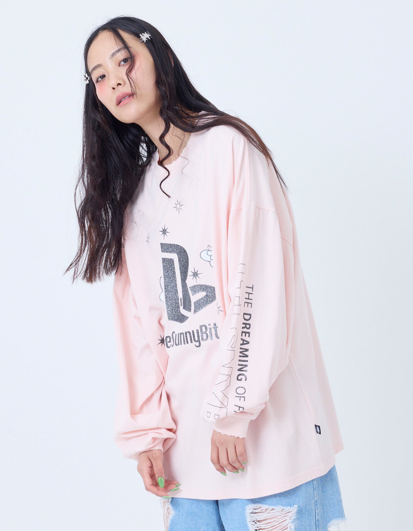 glitter print long tee / PINK