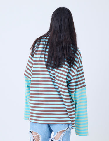 crazy stripe fake layered long tee / BROWNxBLUE