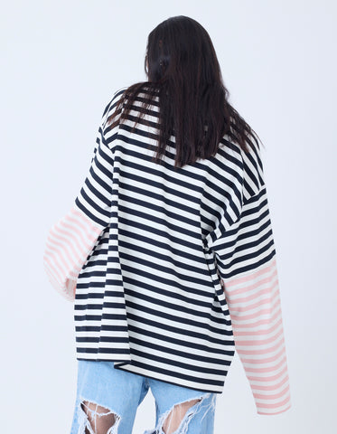 crazy stripe fake layered long tee / BLACKxWHITE