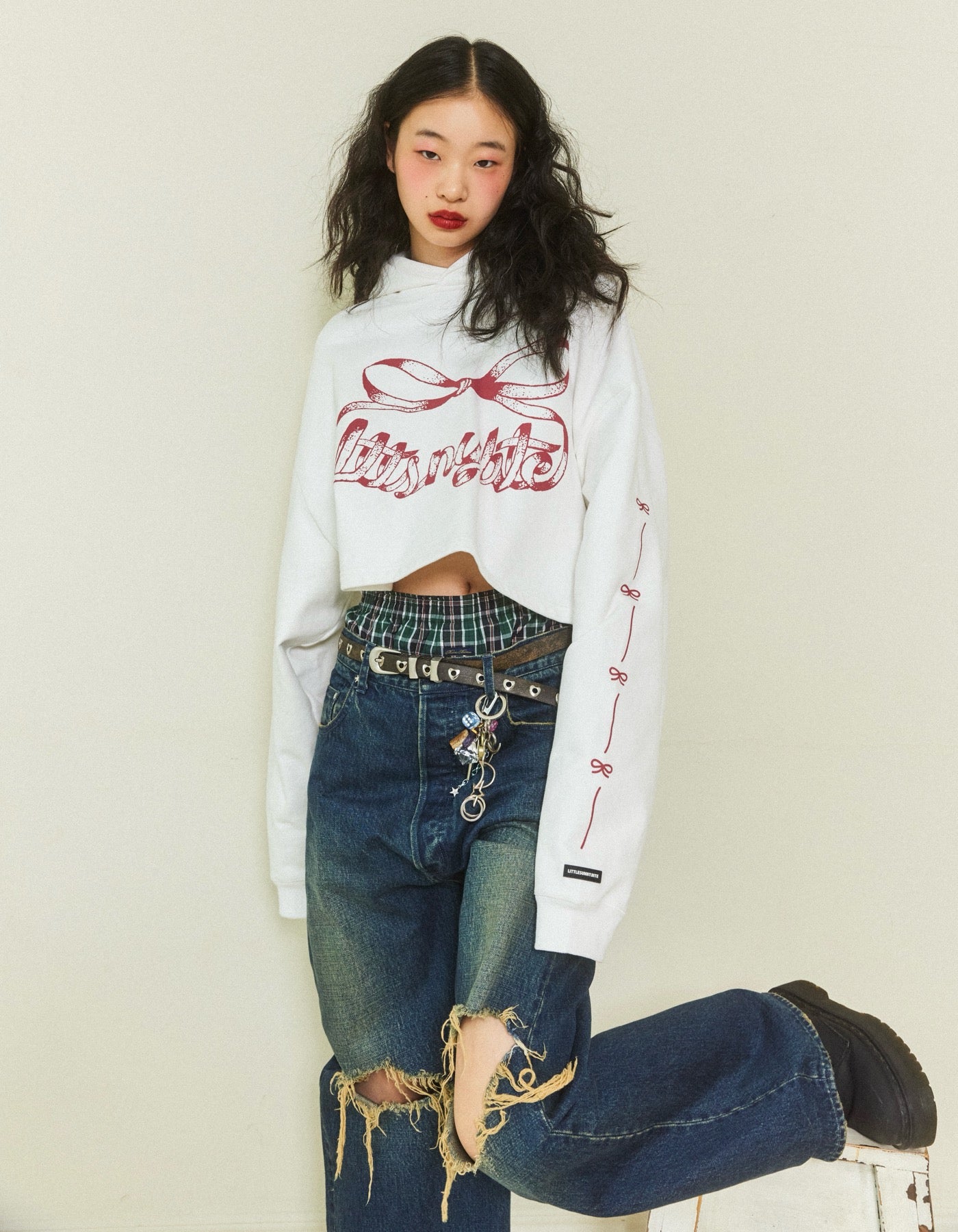 short ribbon sweat hoodie / WHITE