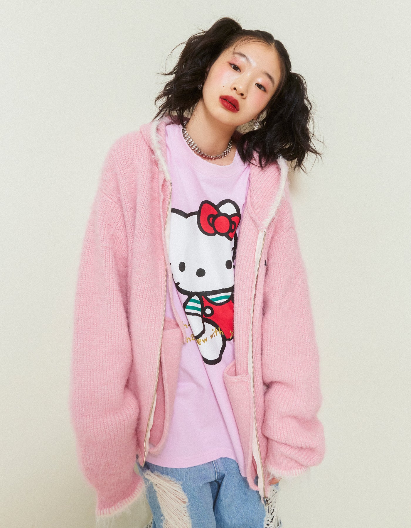 little sunny bite (リトルサニーバイト)zip knit hoodie / PINK