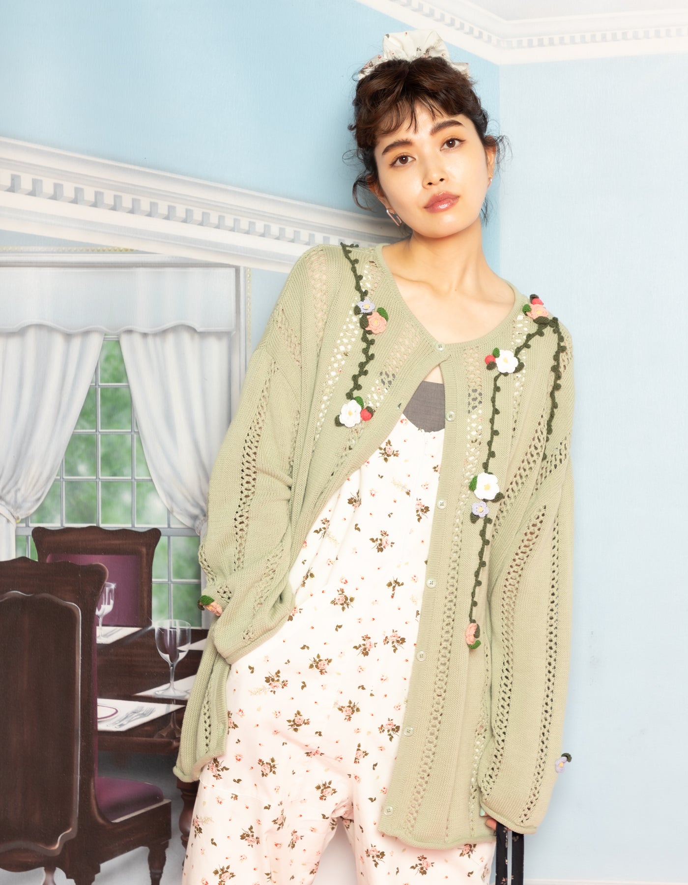 little sunny bite と pink house Floral mesh cardigan / PISTACHIO