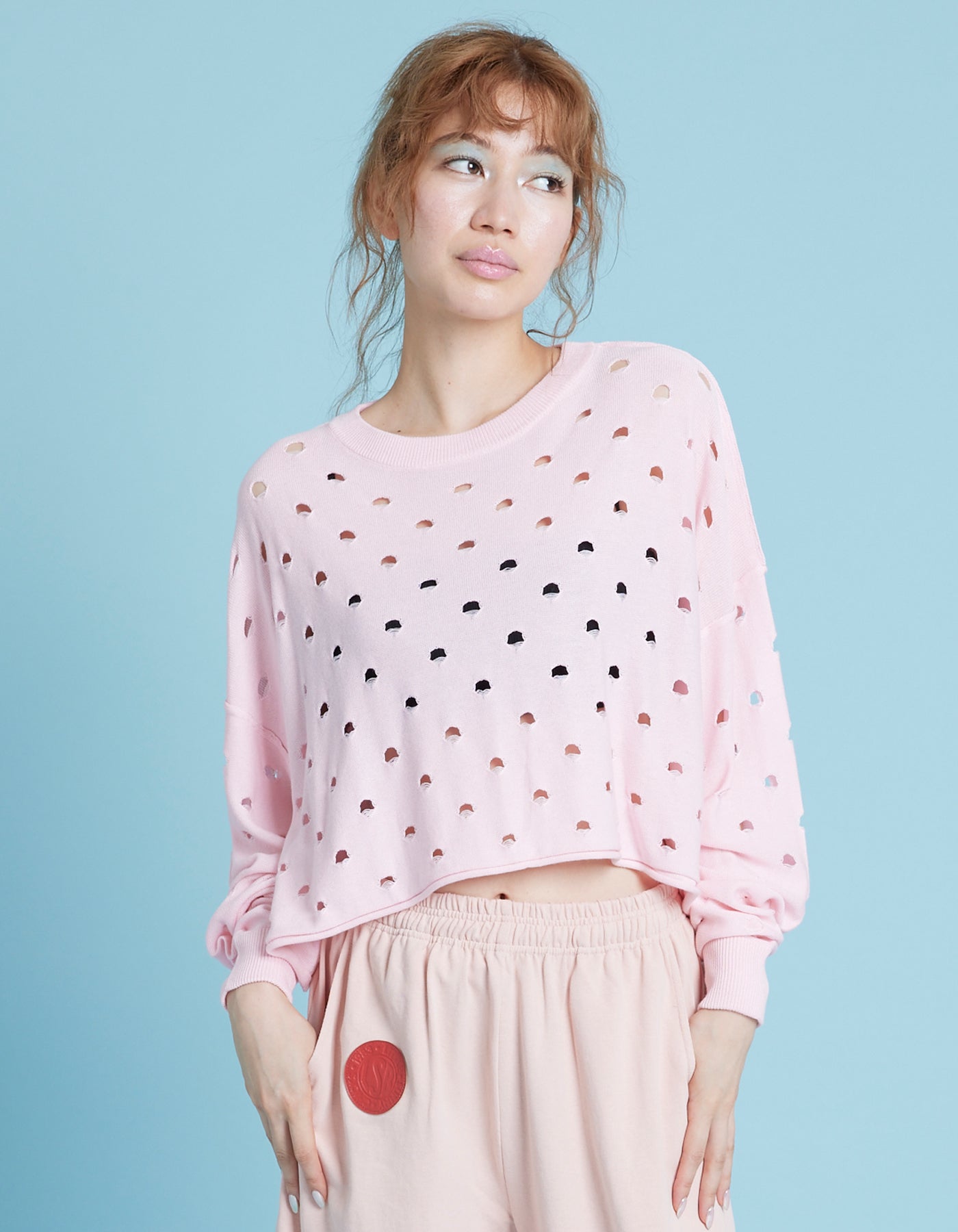 Perforated short knit top / PINK