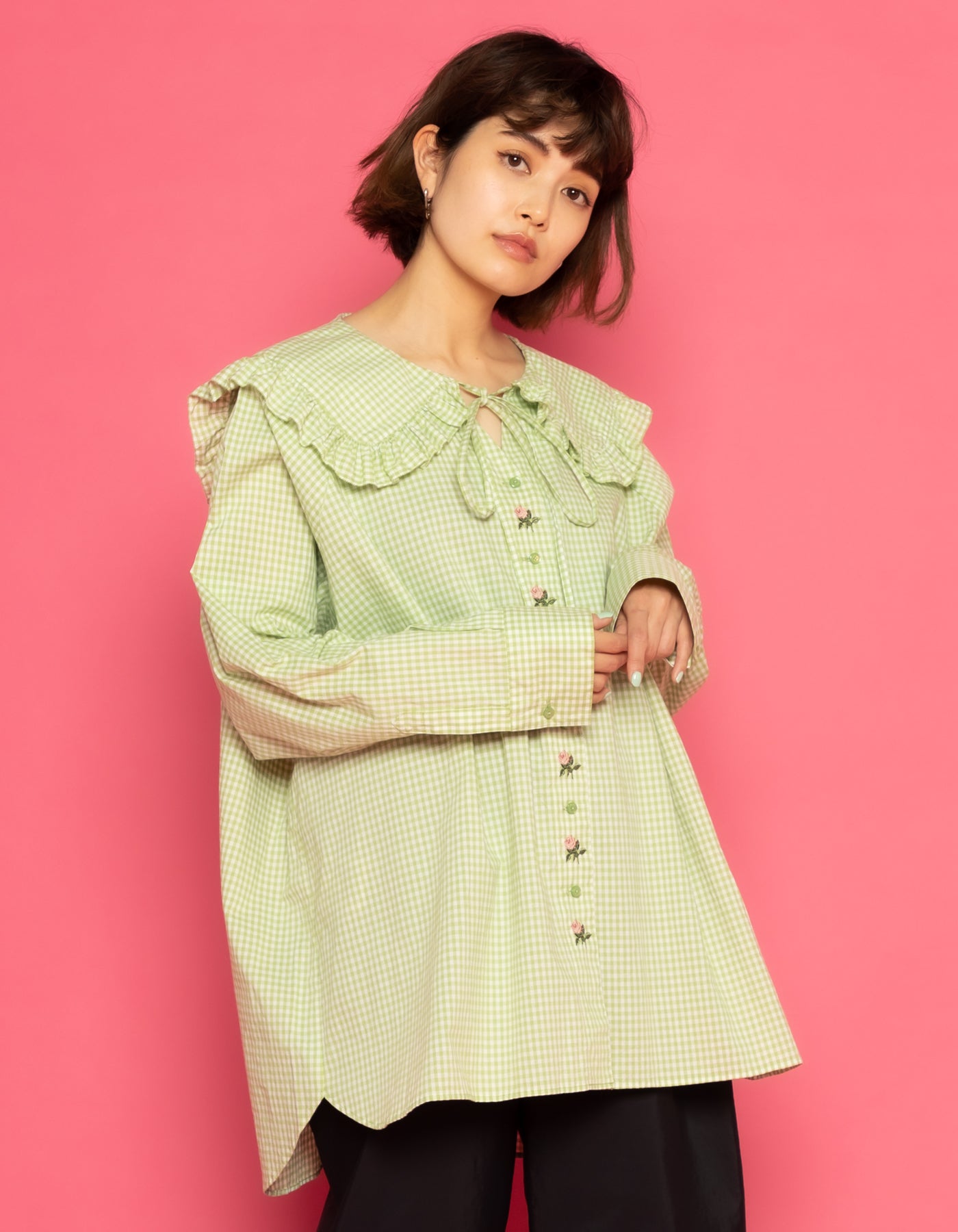 little sunny bite と pink house Check blouse / GREEN