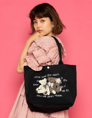 little sunny bite と pink house Bear message tote bag / BLACK