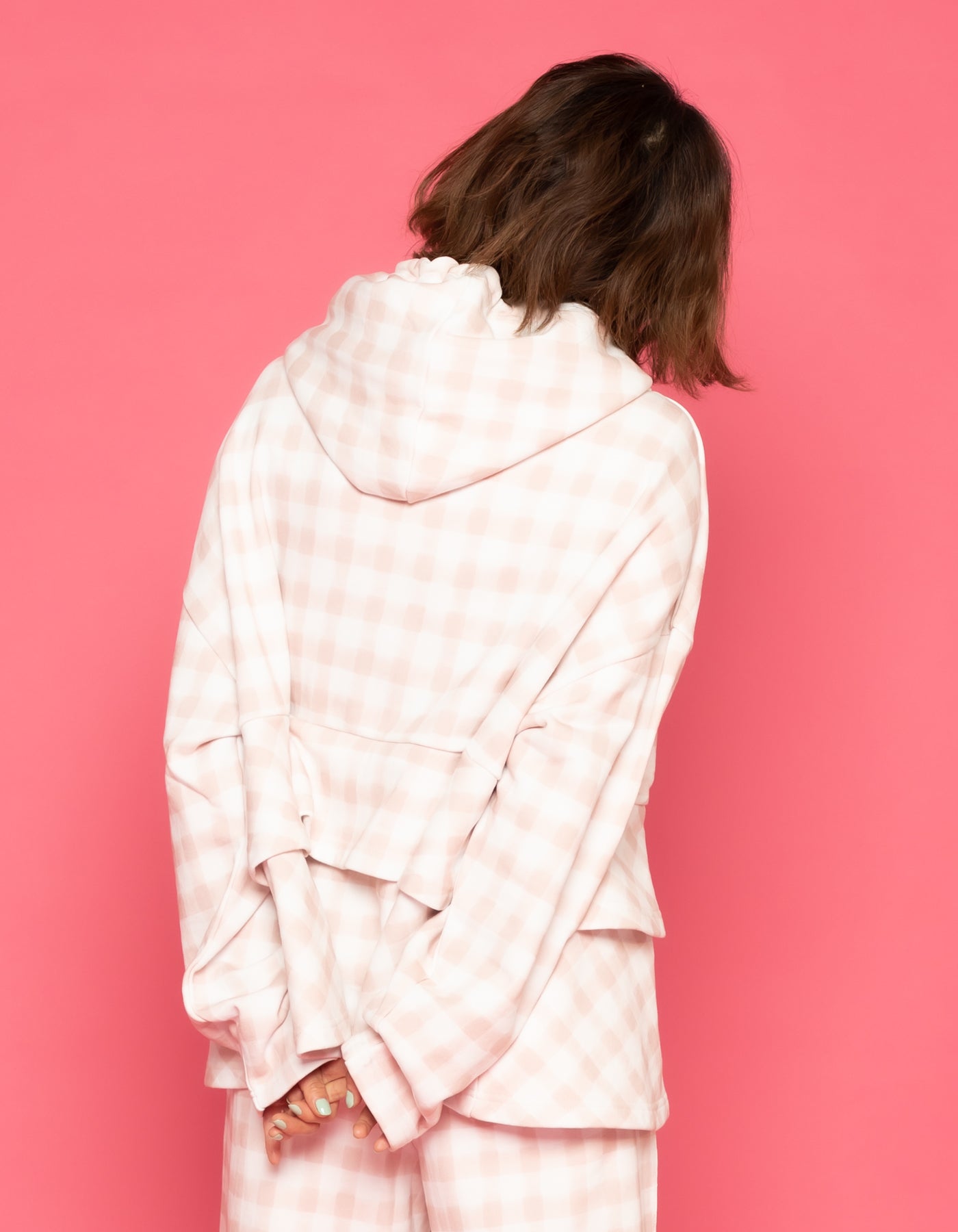 little sunny bite と pink house Hand drawing checker frill hoodie / PINK