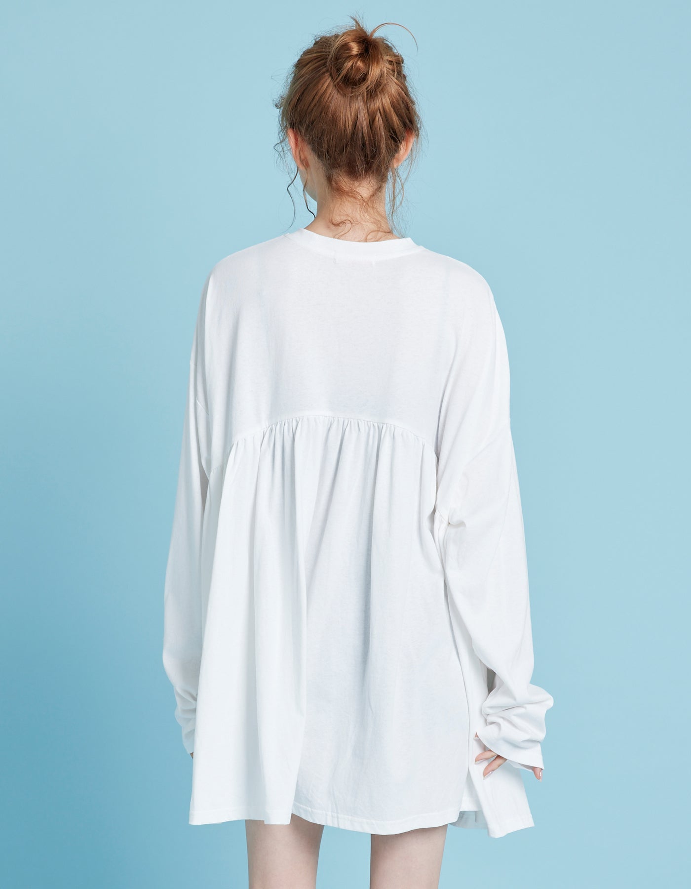 Gathered long tee mini dress / WHITE
