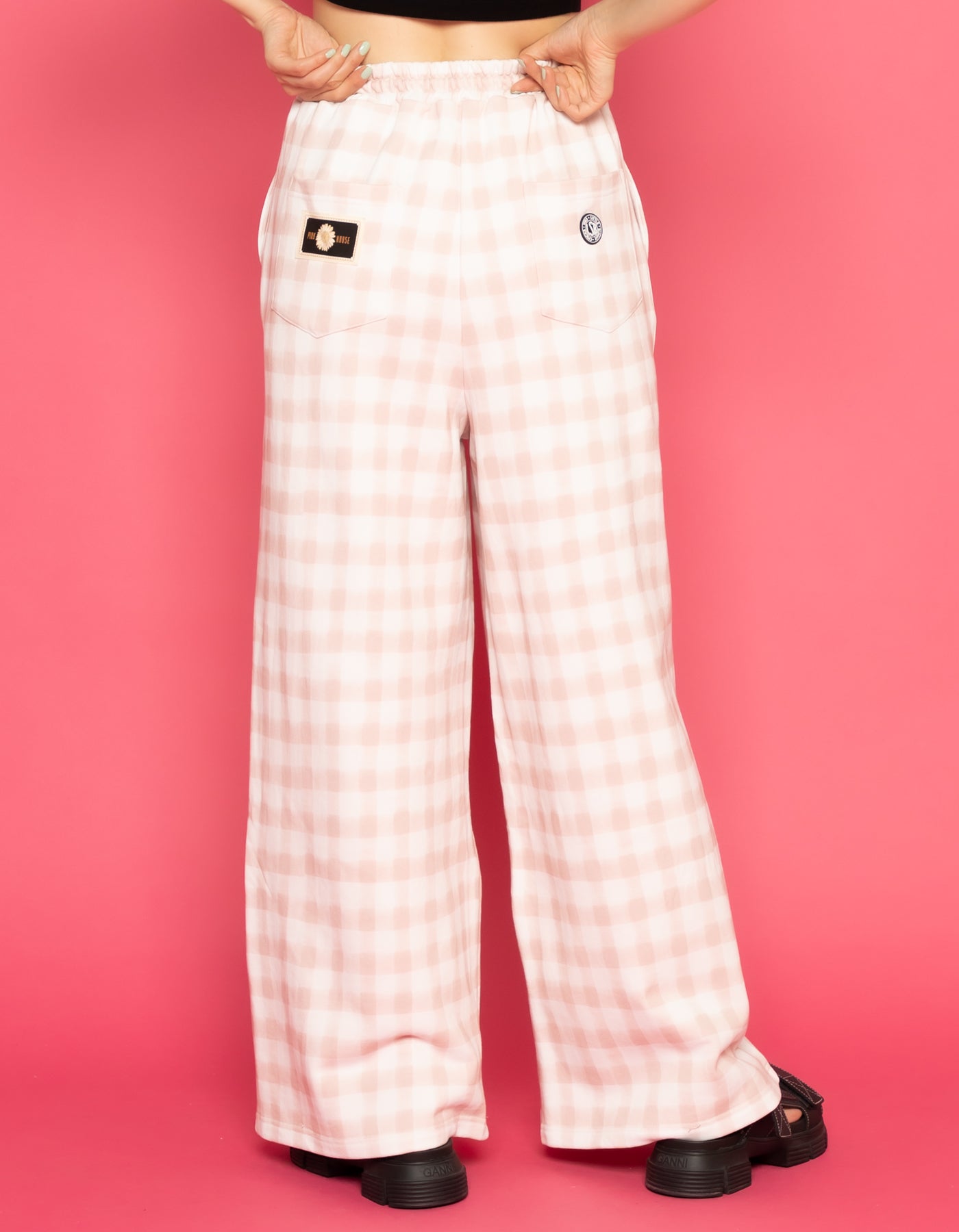 little sunny bite と pink house Hand drawing checker pants / PINK