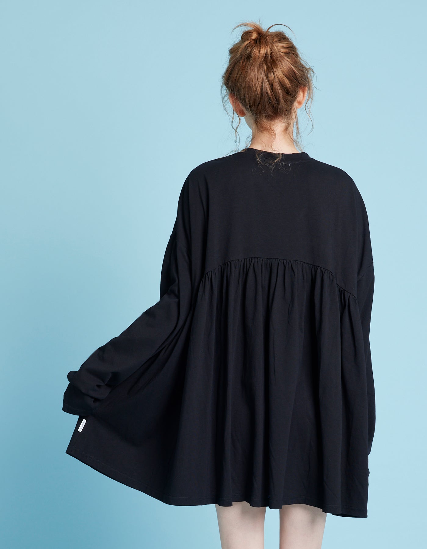 Gathered long tee mini dress / BLACK