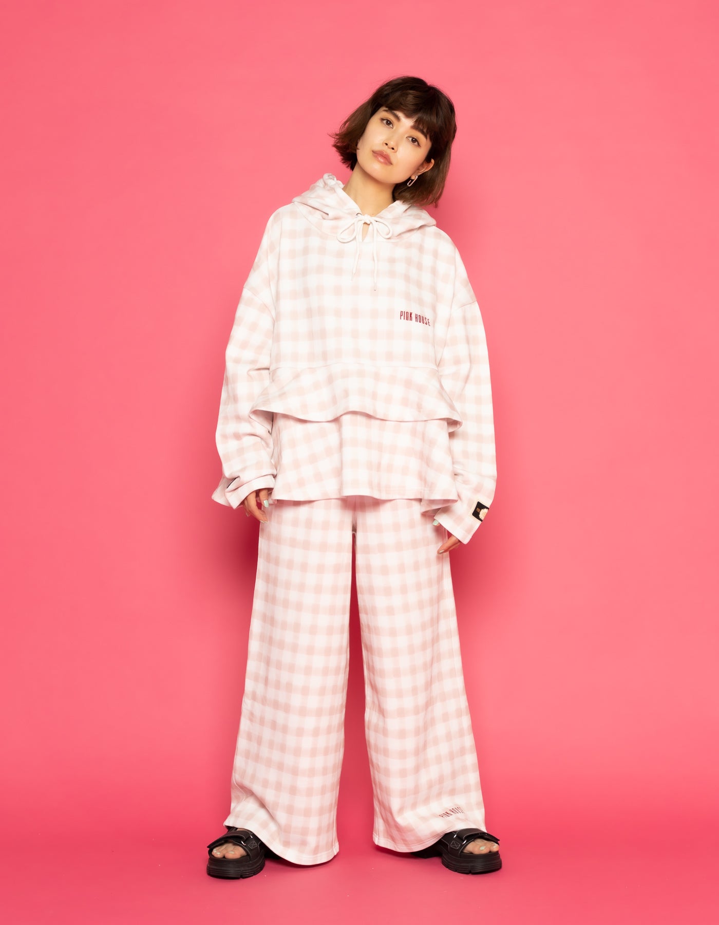 little sunny bite と pink house Hand drawing checker pants / PINK